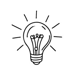 Minimalist Black And White Glowing Light Bulbs Collection, Symbol Bright Idea Lightbulb Line art. Illustration Energy power electricity Outline illumination Hand Drawn Doodle Simple icons drawing