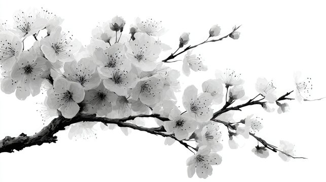 Black and white vector of a forest branch with tiny blossoms, on white background. Represents simplicity and natural elegance.