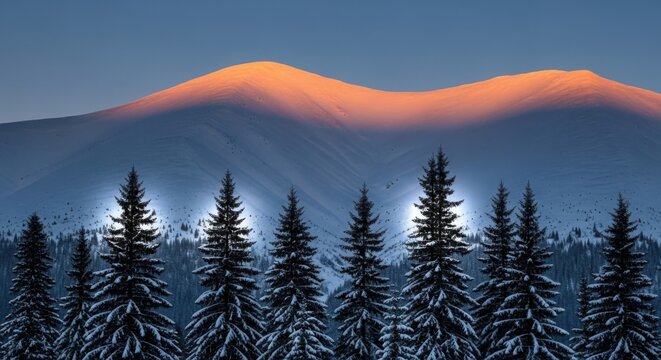 Snowy fir trees with mountains and morning light - Powered by Adobe
