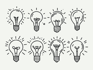 Minimalist Black And White Glowing Light Bulbs Collection, Symbol Bright Idea Lightbulb Line art. Illustration Energy power electricity Outline illumination Hand Drawn Doodle Simple icons drawing