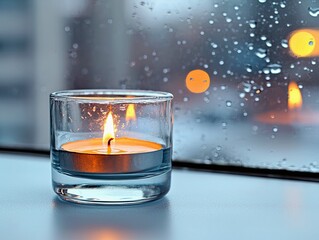 A single lit candle in a glass holder is placed on a windowsill, with raindrops visible on the window, creating a peaceful and cozy scene.