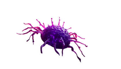 A vibrant, close-up digital rendering of a cell with protruding, branching tendrils