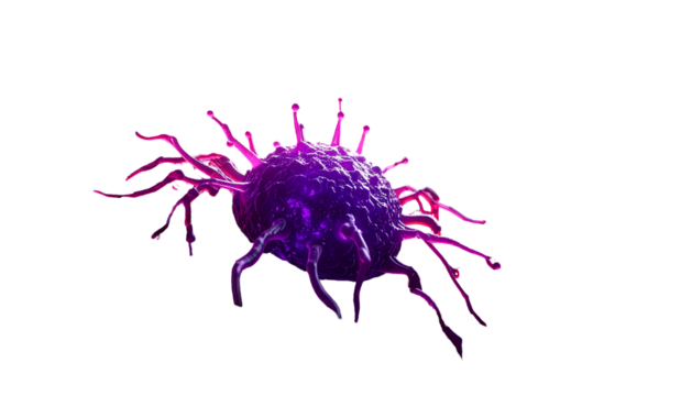 A vibrant, close-up digital rendering of a cell with protruding, branching tendrils