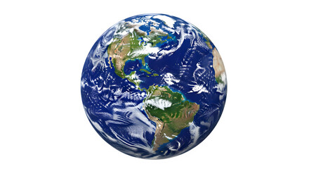 Earth planet global view from space showing north and south america, vibrant blue oceans, green continents, and swirling white clouds.