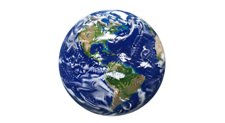 Earth planet global view from space showing north and south america, vibrant blue oceans, green continents, and swirling white clouds.