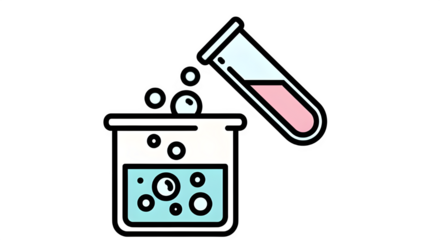 Chemical reaction in laboratory glassware, liquid being poured from test tube into beaker for scientific experiment illustration