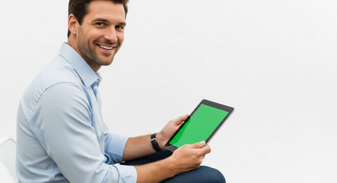Smiling Man Holding Tablet with Green Screen