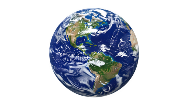 Earth planet global view from space showing north and south america, vibrant blue oceans, green continents, and swirling white clouds.