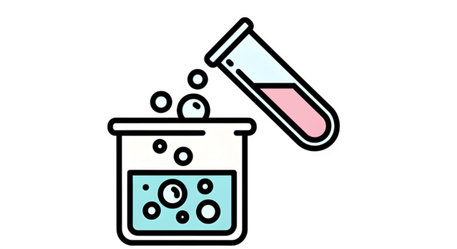 Chemical reaction in laboratory glassware, liquid being poured from test tube into beaker for scientific experiment illustration