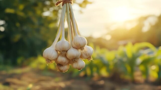 Freshly harvested garlic bunch tied together hanging outdoors with golden sunlight