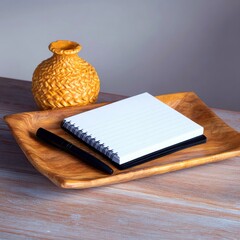 A close-up shot of a notebook and pen on a wooden tray, with a decorative yellow vase in the background.