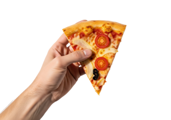 Delicious pizza slice held invitingly, perfect for food blogs, restaurant menus, and mouthwatering promotions, a tasty temptation for everyone