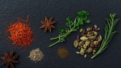 Fototapeta premium Aromatic Arrangement. Culinary Still Life with Spices and Fresh Herbs Composition.