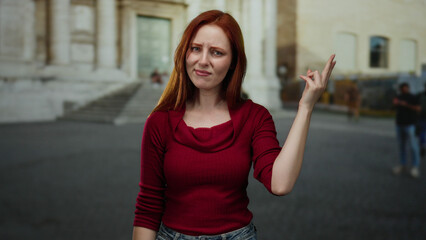 Fototapeta premium Woman with red hair and red sweater standing on city street looks curious while posing outdoors in urban environment, surrounded by architecture and distant pedestrians.