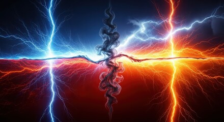 Powerful clash of opposing forces depicted by vibrant blue and orange lightning bolts colliding