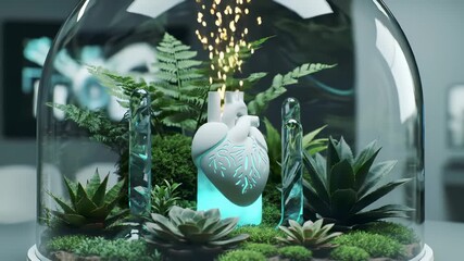 Sustainability: Green Biosphere Houses a Glowing Futuristic Heart, Symbolizing Nature and Technology for Eco-Friendly Innovation. - Powered by Adobe