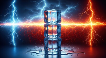 Melting ice cube surrounded by contrasting blue and orange lightning bolts in a dramatic display