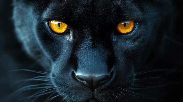 Intense close-up of a black panther showcasing striking orange eyes in a dark, mysterious environment
