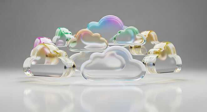 Colorful iridescent glass cloud icons cluster for cloud computing