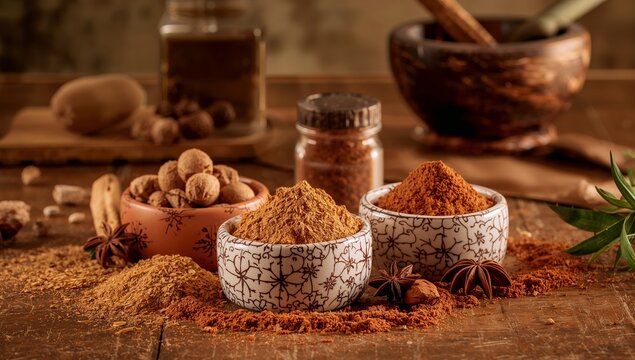 Aromatic Spices Still Life, Featuring Bowls with Powders and Whole Forms on Wooden Surface.