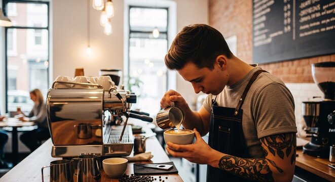 Barista pours latte art in cafe
