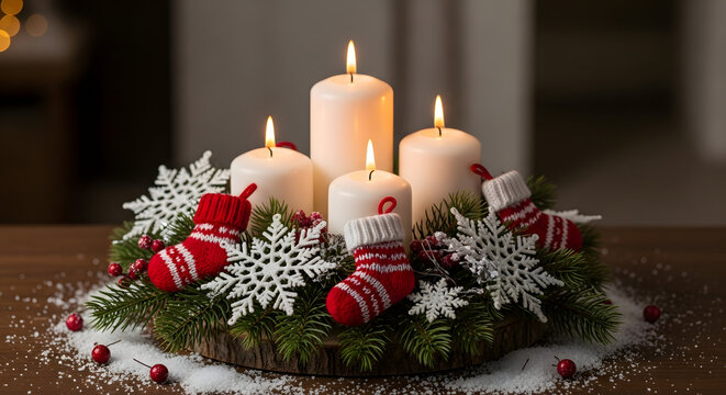 Christmas advent wreath with four lit candles and festive decorations