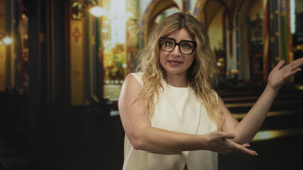 Fototapeta premium Woman points index fingers down in church building, wearing sleeveless white top and glasses; serenity reflection.