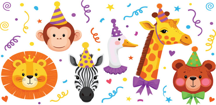 Cute cartoon animal faces in festive party hats, surrounded by colorful confetti and streamers, a delightful illustration for children's birthday parties and celebrations