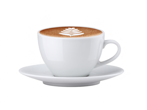 White cup of cappuccino with latte art on frothy surface, placed on matching saucer, isolated on transparent background, perfect for coffee shop menu or cafe advertisement