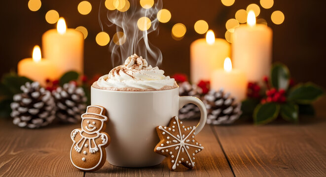 Cozy christmas hot chocolate with whipped cream and gingerbread cookies