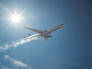 Fototapeta premium Commercial Airplane Flying High in Clear Blue Sky with White Smoke Trail and Warm Sunlight Glow