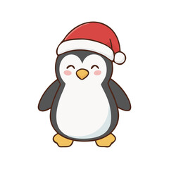 Cute penguin wearing Santa hat, festive winter Christmas cartoon vector illustration.
