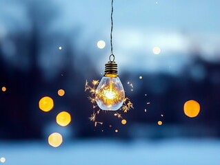 A lit incandescent light bulb with sparks flying from its filament hangs against a dark, blurred background with bokeh effects.