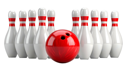 Rendered image of bowling pins and a ball, ready for a strike