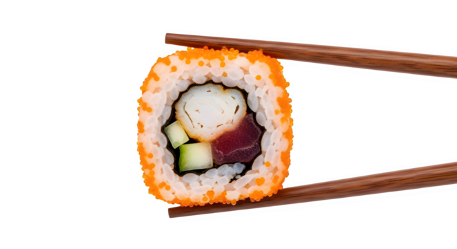 Delicious sushi roll with vibrant orange tobiko, fresh tuna, and crisp cucumber, skillfully grasped by wooden chopsticks, ready for enjoyment.