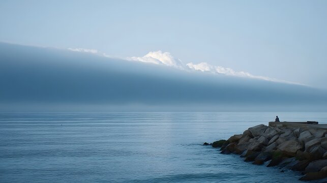 A lone figure sits on a rocky breakwater gazing at a misty ocean under a band of ethereal clouds - Powered by Adobe