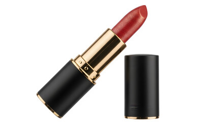 Obraz premium Luxurious open red shimmering lipstick with elegant black and gold casing and detached cap, isolated product shot perfect for beauty needs.