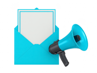 Open blue envelope with blank invitation card and blue megaphone, symbolizing announcement, communication, or event invitation, isolated on transparency background
