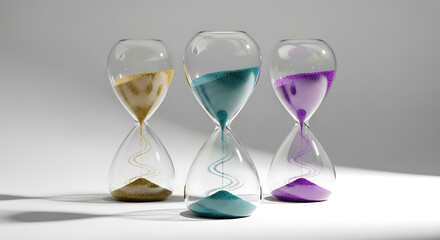 Glittering sand flows in three colorful hourglasses showing time