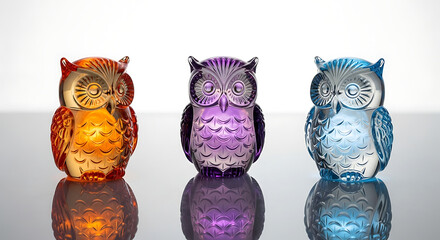 Three colorful glowing glass owl figurines on a reflective surface