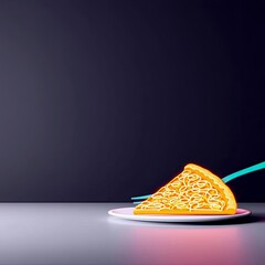 A slice of pizza with a bright yellow crust and cheese topping is presented on a white plate, with a teal fork poised to serve it.