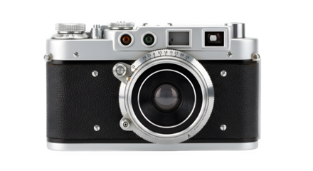 Classic chrome and black vintage rangefinder camera, front view, showcasing iconic design and precision mechanics for photography
