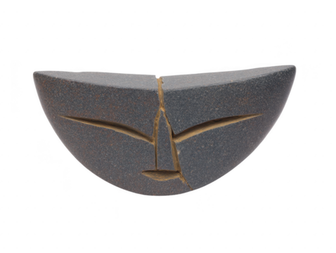 Abstract stone sculpture with minimalist face, half moon shape, smooth texture, and neutral gray color, evoking calm and serenity, suitable for modern interior decor or artistic display