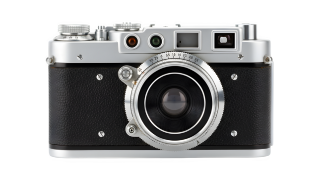 Classic chrome and black vintage rangefinder camera, front view, showcasing iconic design and precision mechanics for photography