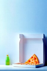 A single slice of pizza in an open pizza box with a green drink bottle nearby, set against a minimalist light blue backdrop.
