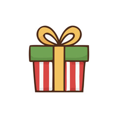 Cute Christmas gift box with red and green ribbon, festive cartoon vector illustration.
