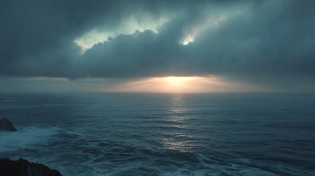 A dramatic seascape with rays of sunlight breaking through stormy clouds and gentle rain over the ocean