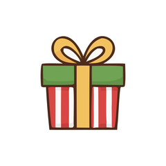 Cute Christmas gift box with red and green ribbon, festive cartoon vector illustration.
