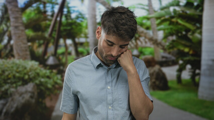 Man in light blue shirt with hand on cheek leaning head forward amid palm trees in street park...