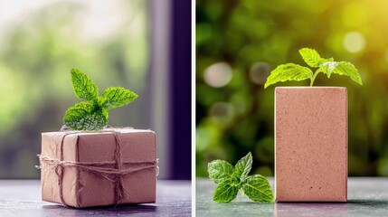A small green plant emerges from a brown paper-wrapped gift box, with a blurred green background.